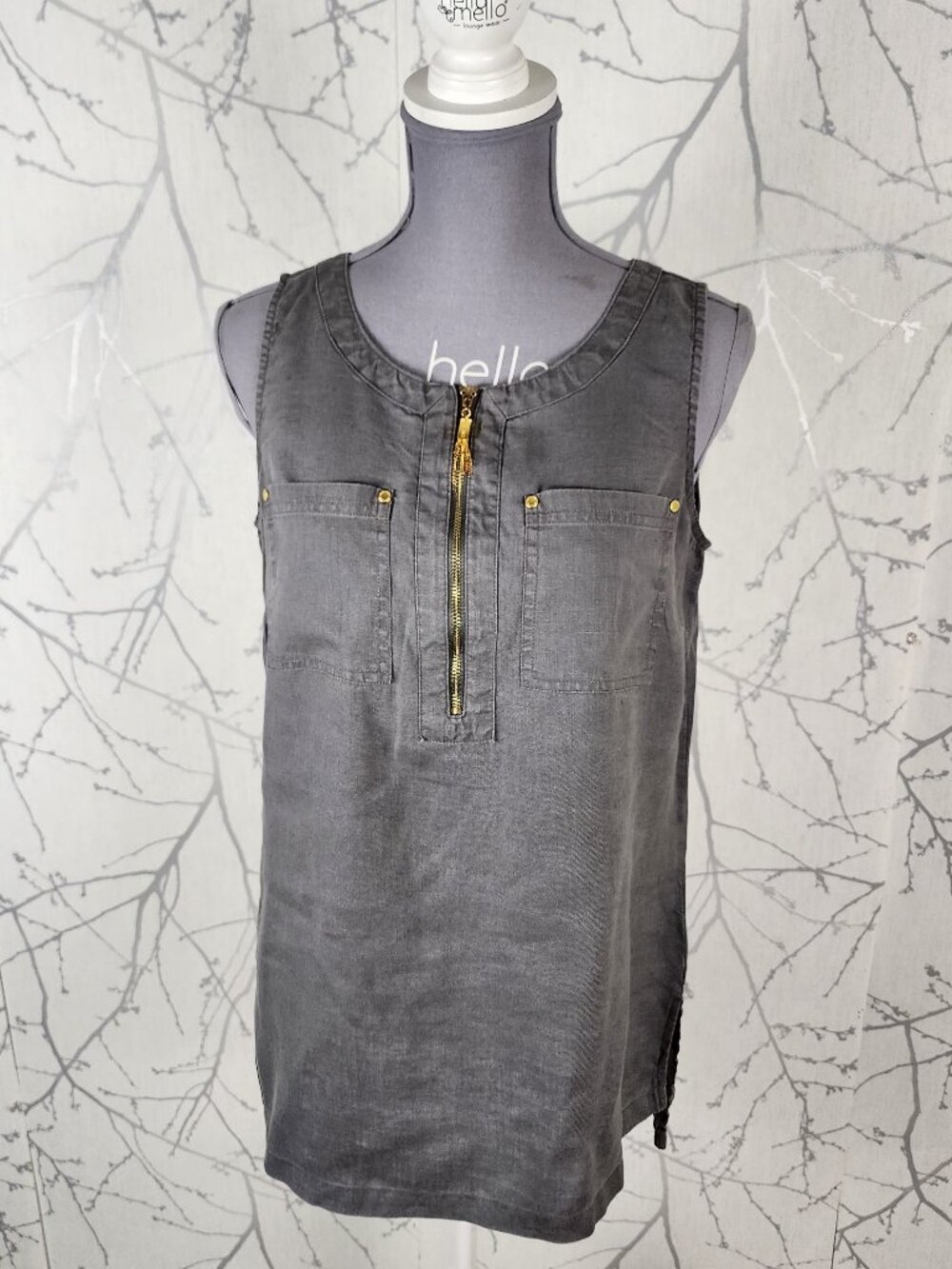 Ellen Tracy Gray 100% Linen Gold Half Zip Tunic Tank